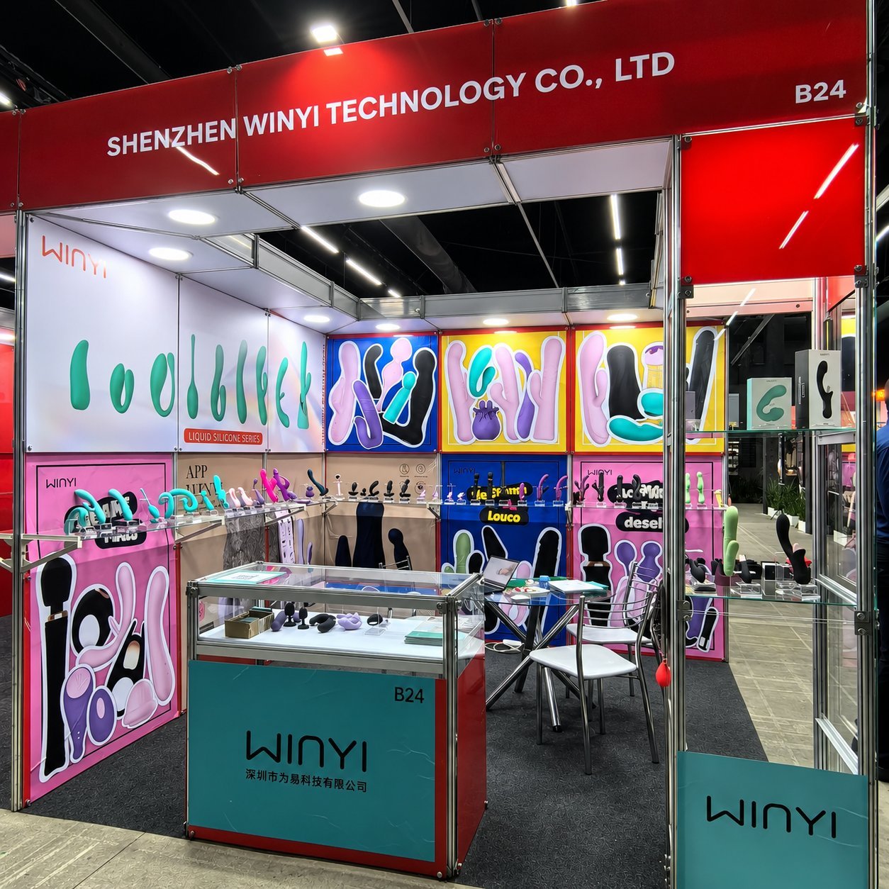 WINYI booth with red SHENZHEN WINYI TECHNOLOGY CO., LTD header, B24 booth number, liquid silicone series displays with colorful product lineup