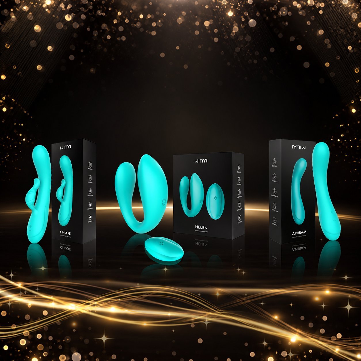 WINYI Chloe, Helen, and Amiram product packaging in black boxes with turquoise silicone products displayed against a black background with golden particle effects