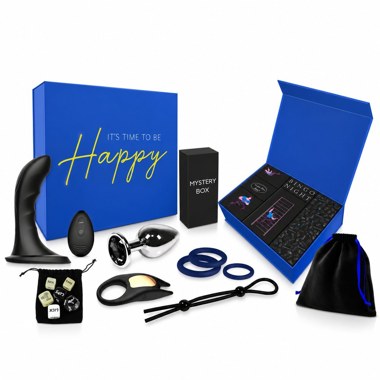 HAPPY SET-1 blue gift box opened to show the couples game-night accessories inside, including a black MYSTERY BOX, BINGO NIGHT cards, dice, finger sleeves, a black butt plug, chrome prostate massager, navy cock rings, dice bag, and a black storage pouch with blue trim