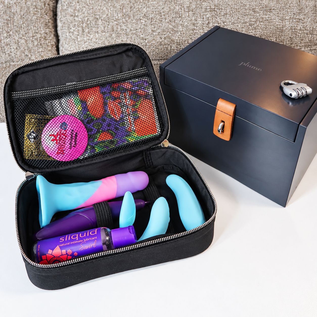 Discreet padded storage case with adult toys and accessories