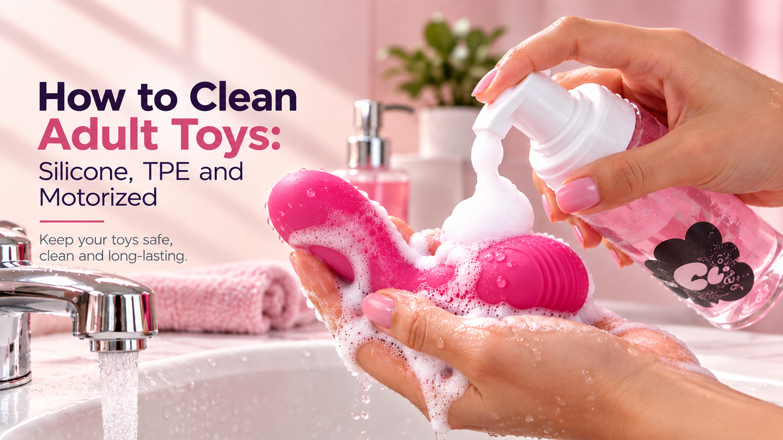 How to clean adult toys with foam cleanser at a bathroom sink