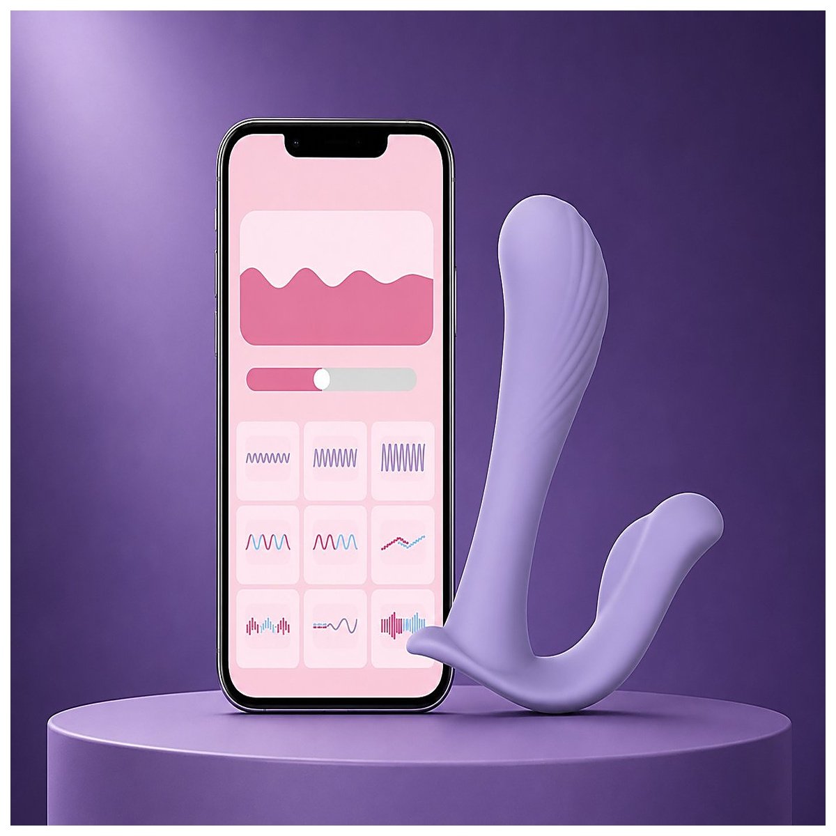 Helen double-ended vibrator paired with smartphone app showing pattern controls