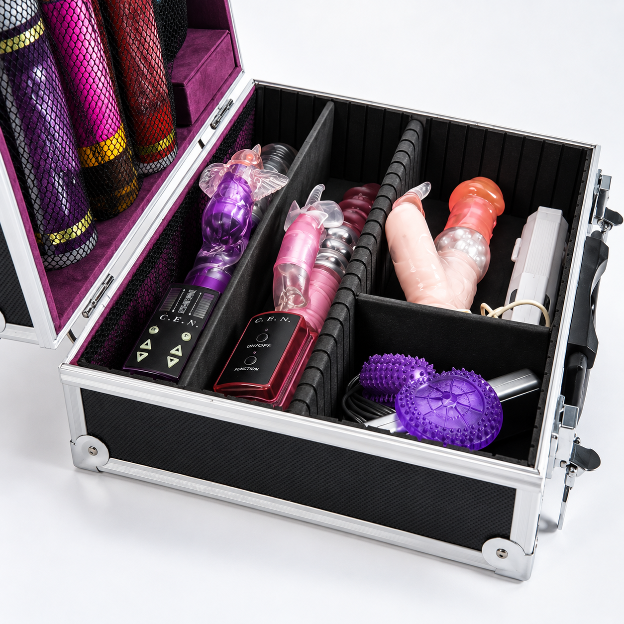 Lockable storage box with separated adult toys and accessories