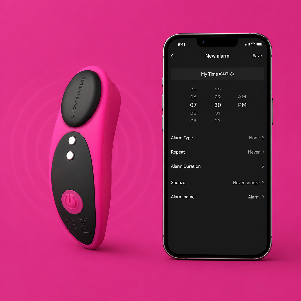 Pink Lovense vibrator beside smartphone showing the Lovense Remote alarm settings