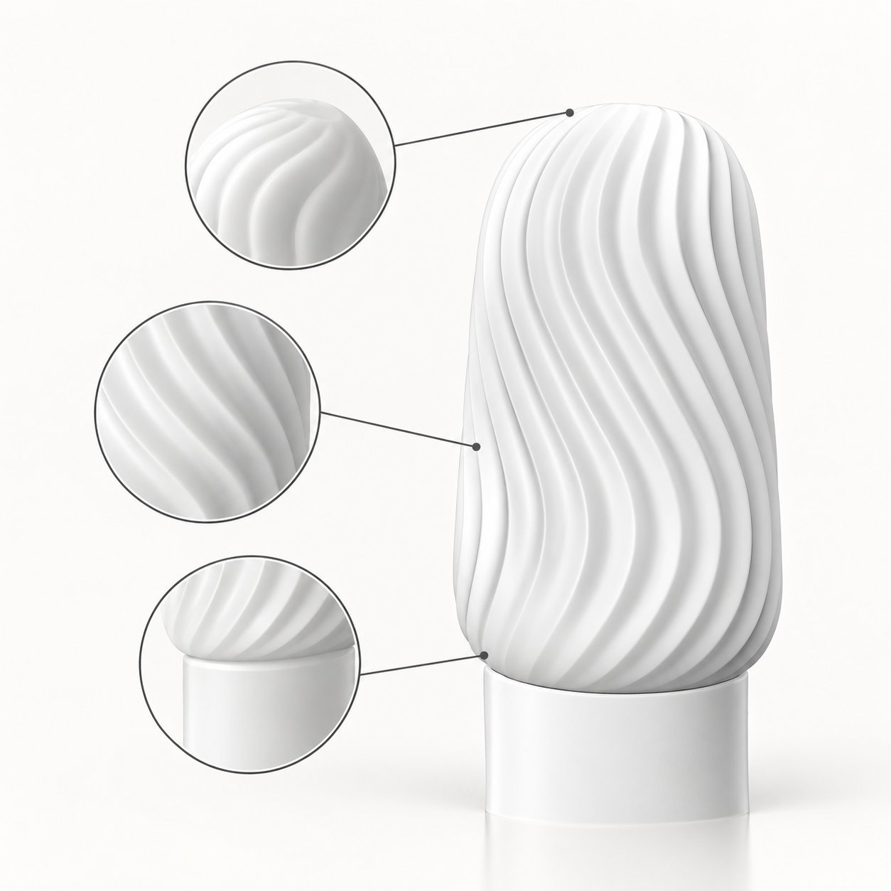 WY0632 masturbator egg white body with detail callouts highlighting the ribbed silicone pattern