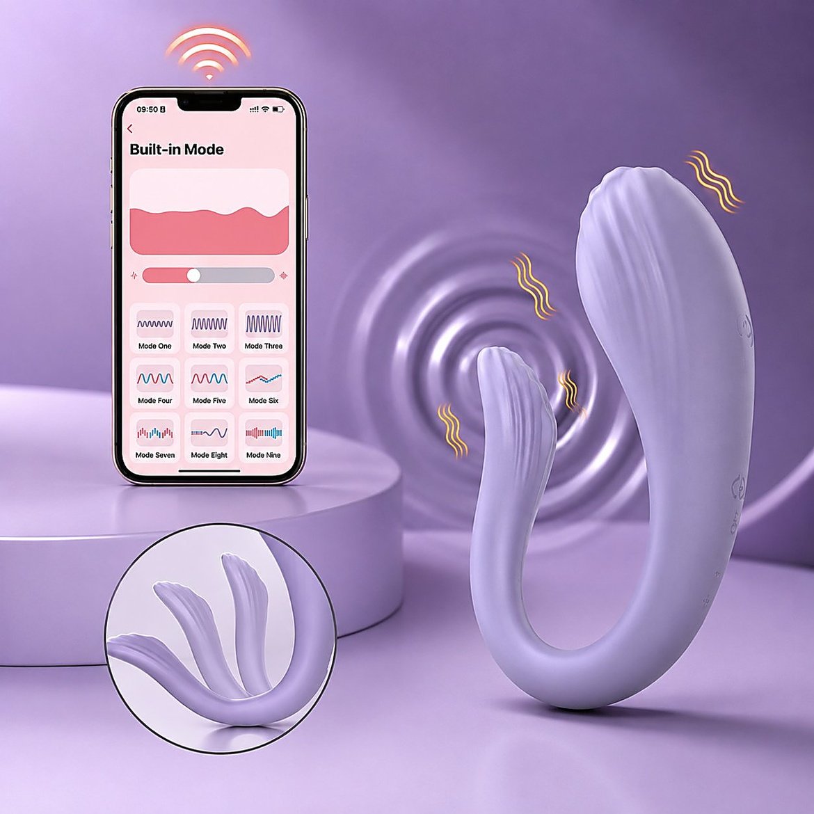 Purple rabbit vibrator paired with smartphone showing nine built-in vibration modes