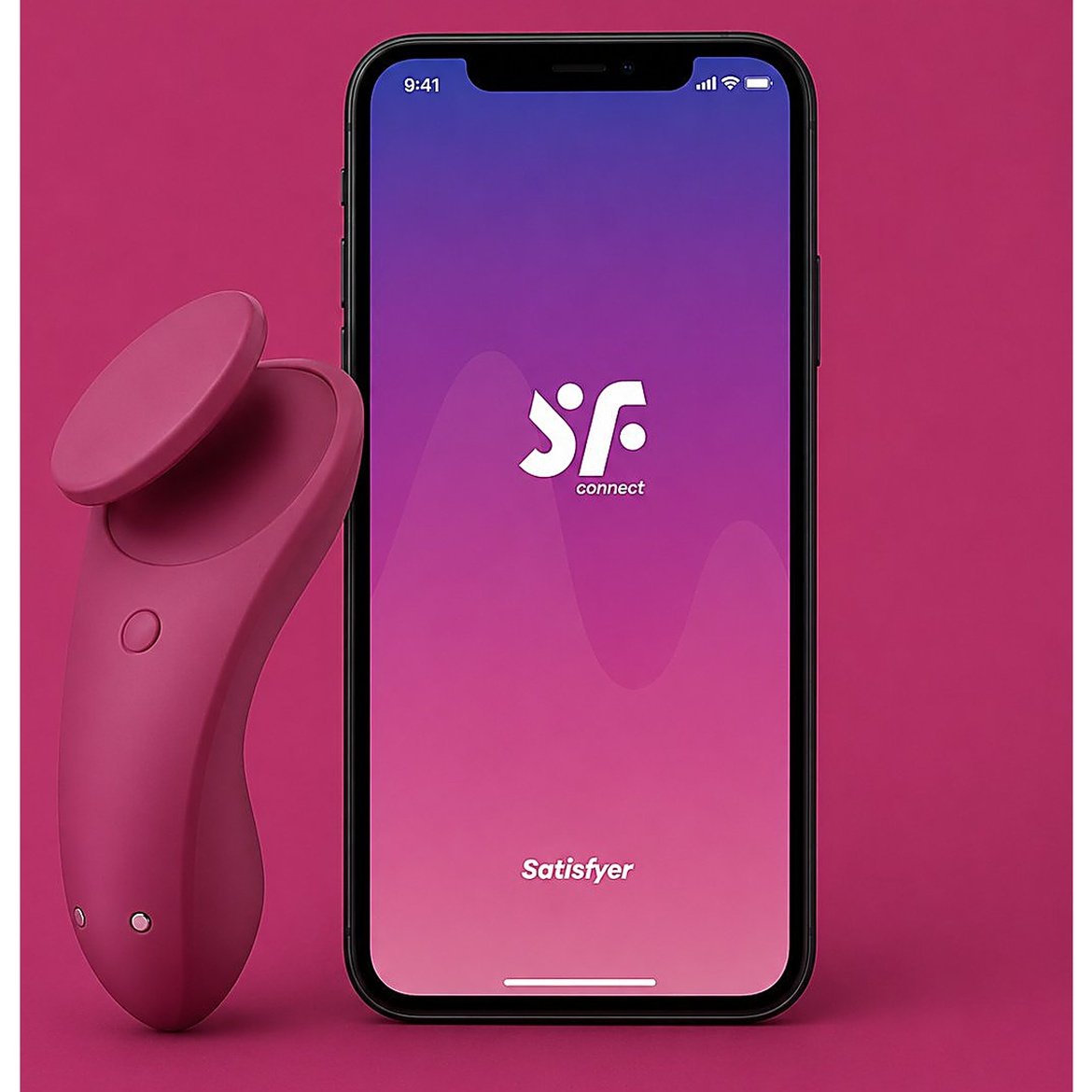 Pink Satisfyer wand paired with smartphone running the SF Connect app