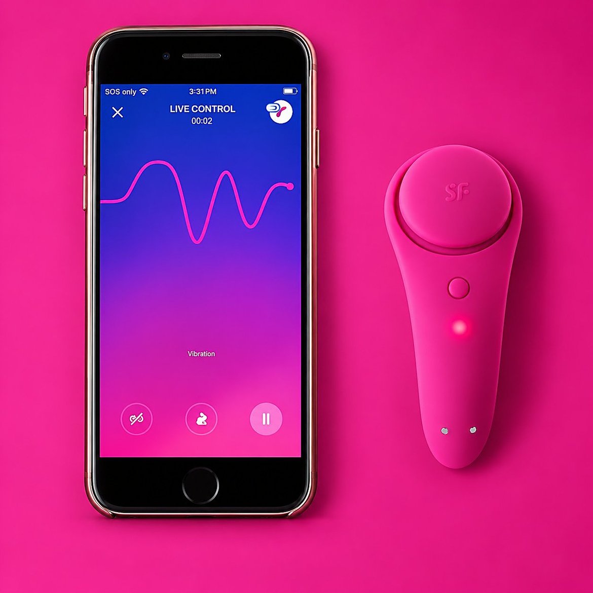 Pink Satisfyer wand next to a smartphone showing live vibration waveform control