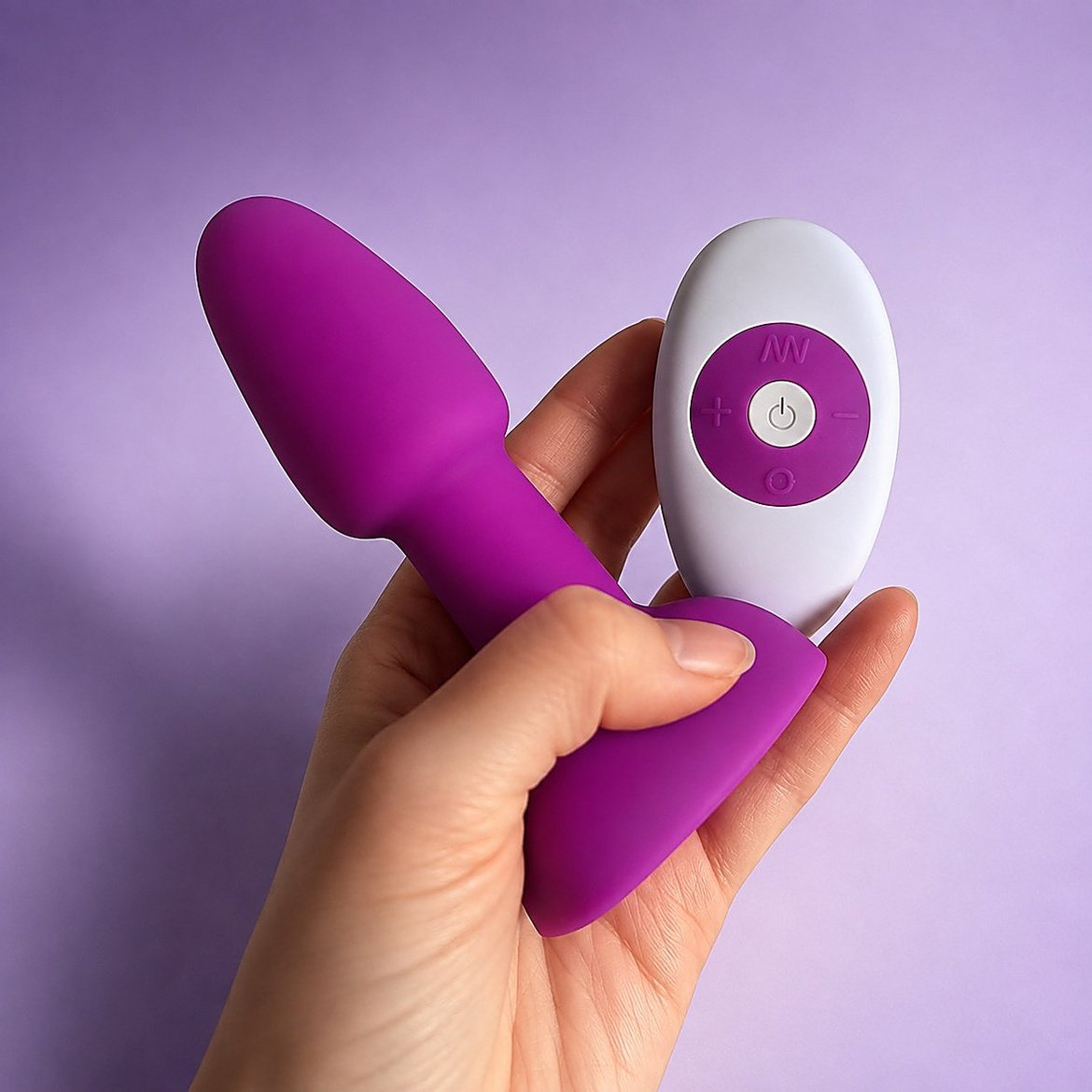 Purple vibrator held in hand next to a We-Vibe Melt remote control
