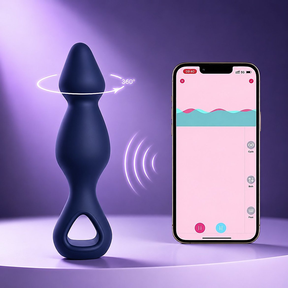 Blue prostate massager with smartphone app showing Cycle, Both, and Float controls