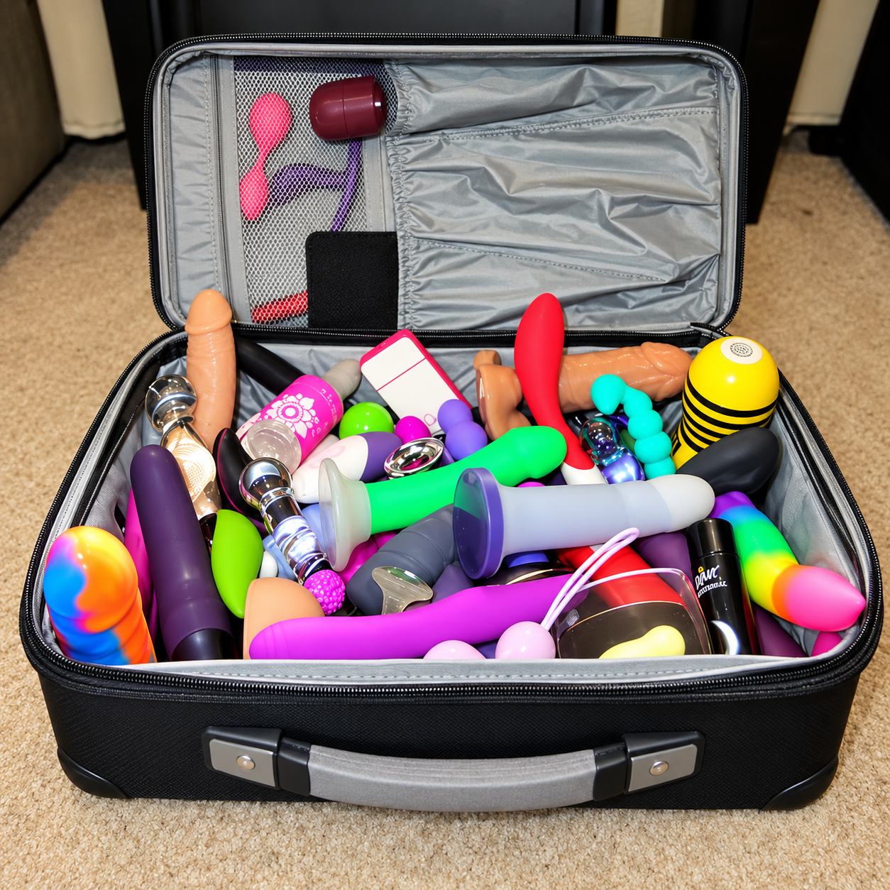 Travel case packed with adult toys for discreet storage
