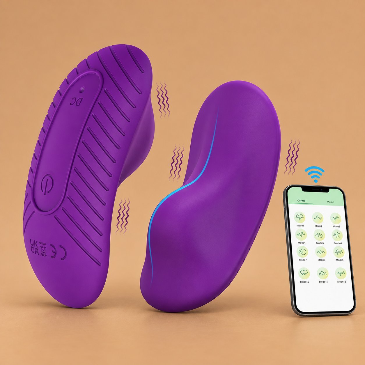 Purple wearable egg vibrator with smartphone app showing 12 vibration modes Purple wearable app-controlled egg vibrator shown from two angles next to a smartphone displaying twelve vibration mode icons