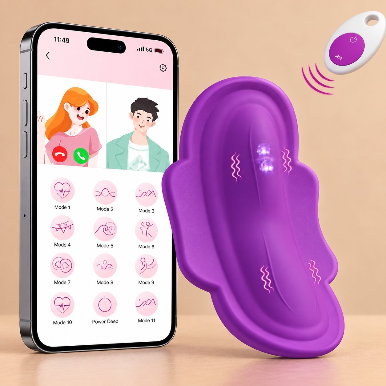 Purple wearable love egg vibrator with remote control and smartphone showing video mode Purple wearable love egg vibrator paired with a small remote control and a smartphone showing video mode with frequency mode icons