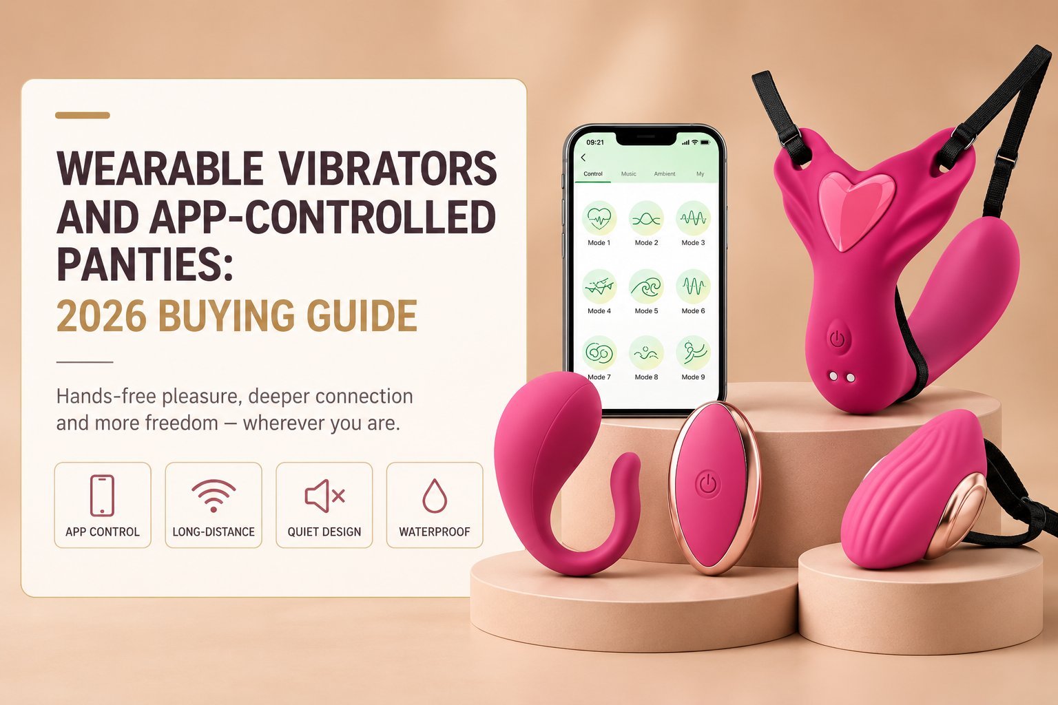 Collage of wearable vibrators and panty vibrators with smartphone app control showing app control, long-distance, quiet design and waterproof features