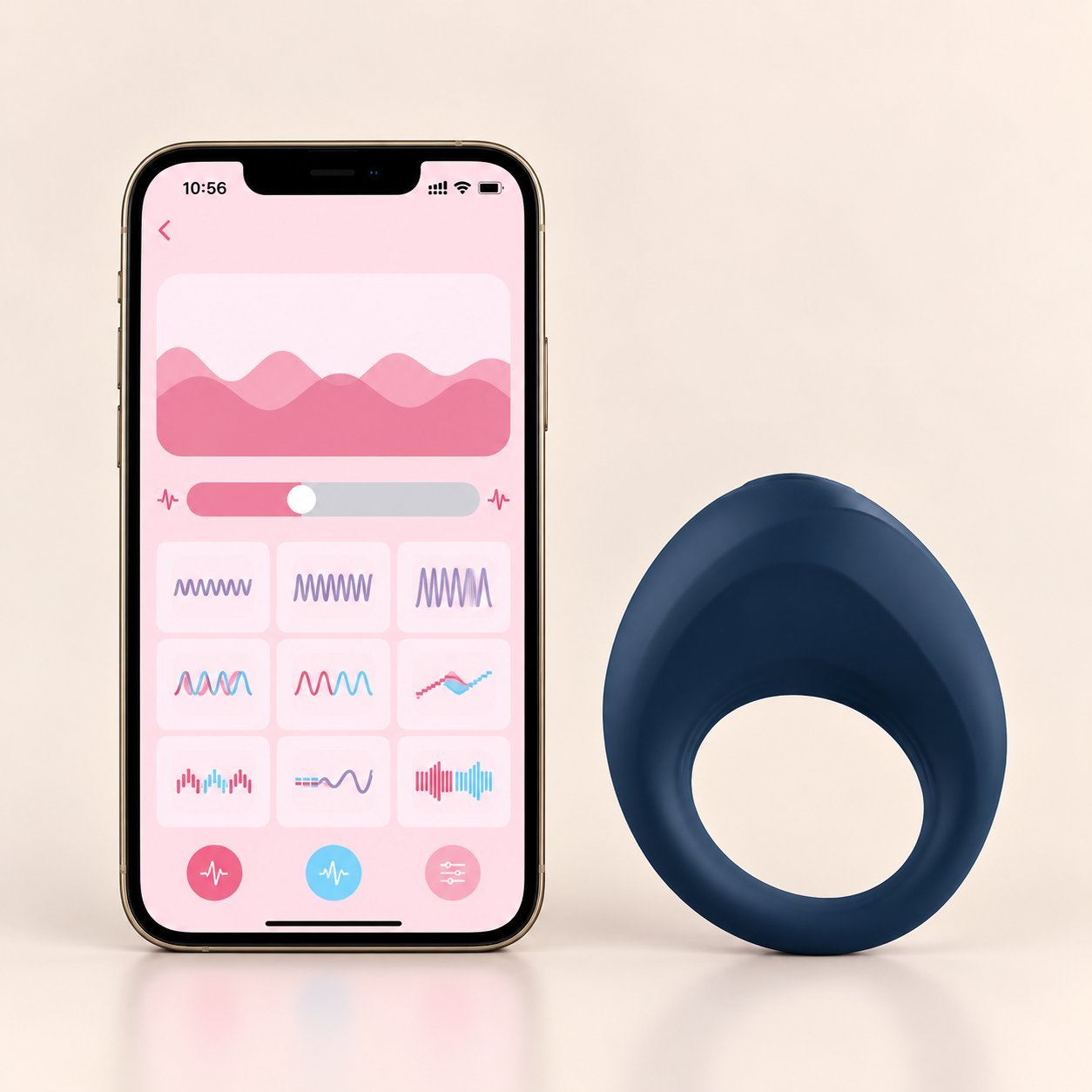 Julia with two stimulation points Lavender Julia double-headed wearable panty vibrator with phone showing the app’s vibration waveform patterns