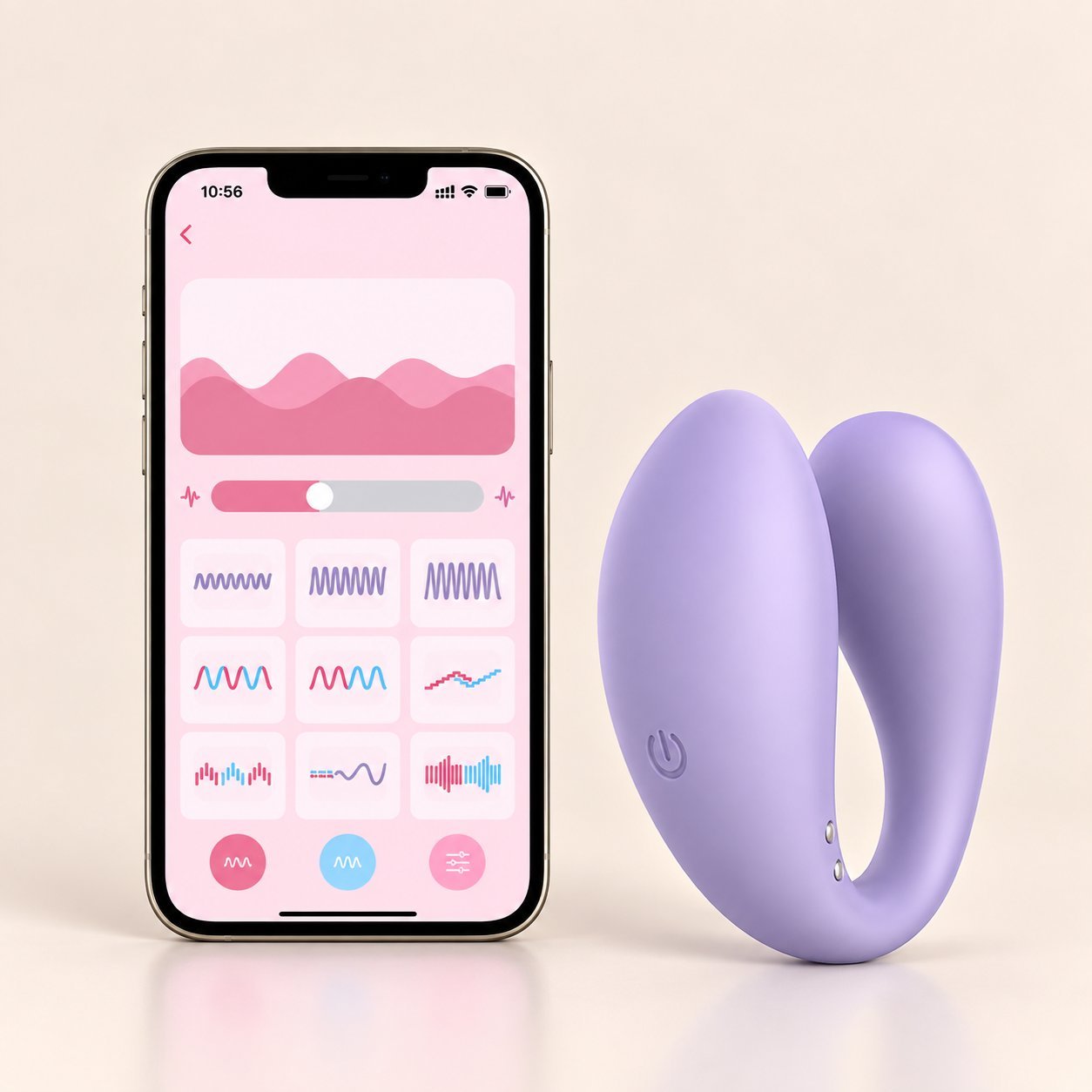 Doris couple vibrator with app Purple Doris C-shape couple vibrator with phone running the WINYI app showing wireless signal pictogram