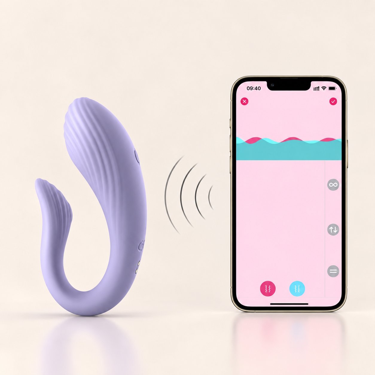 Helen alternate angle with app Purple WINYI Helen double-end rabbit vibrator from another angle with phone showing the app interface