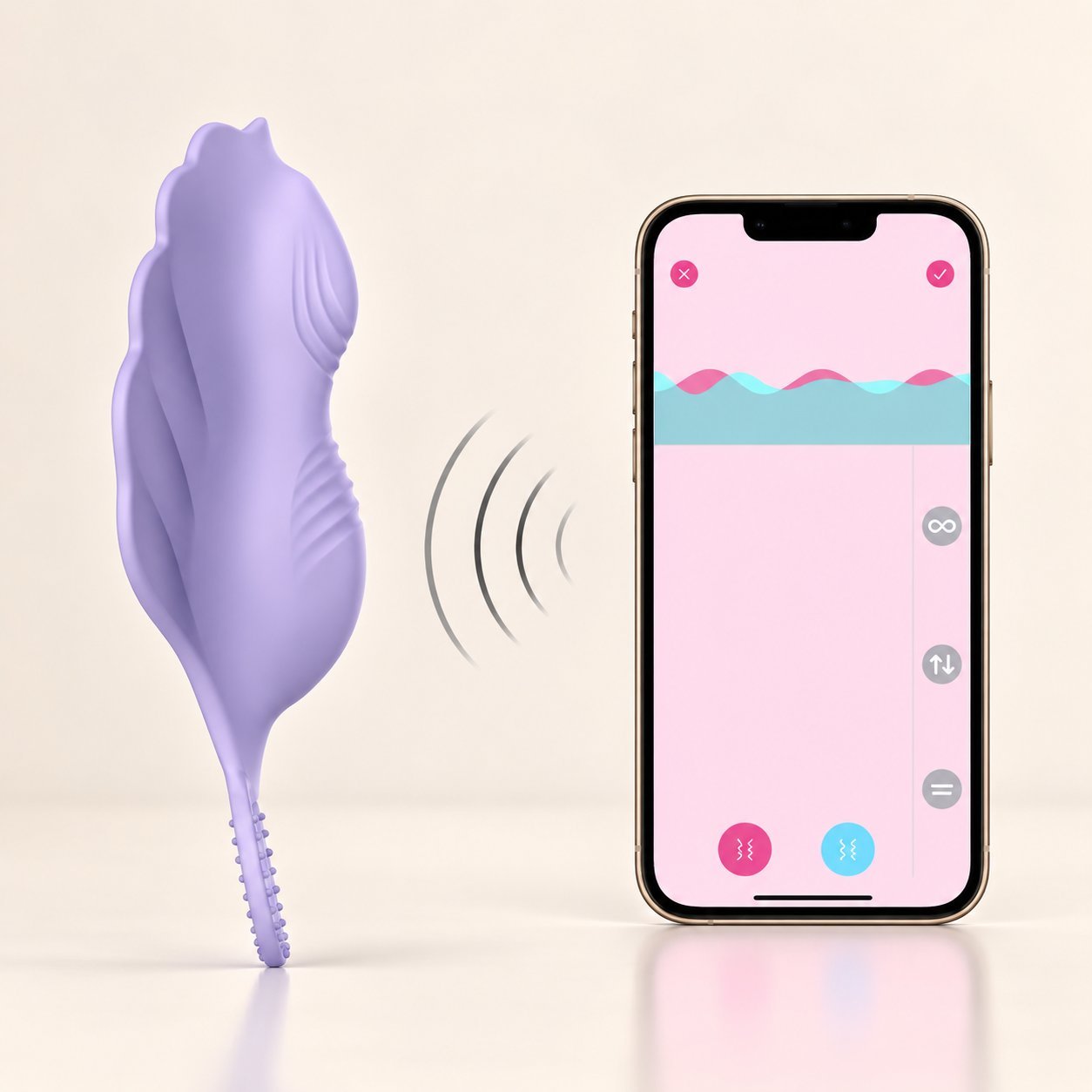 Helen with app waveform patterns Purple WINYI Helen double-end rabbit vibrator with phone showing vibration wave patterns in the app