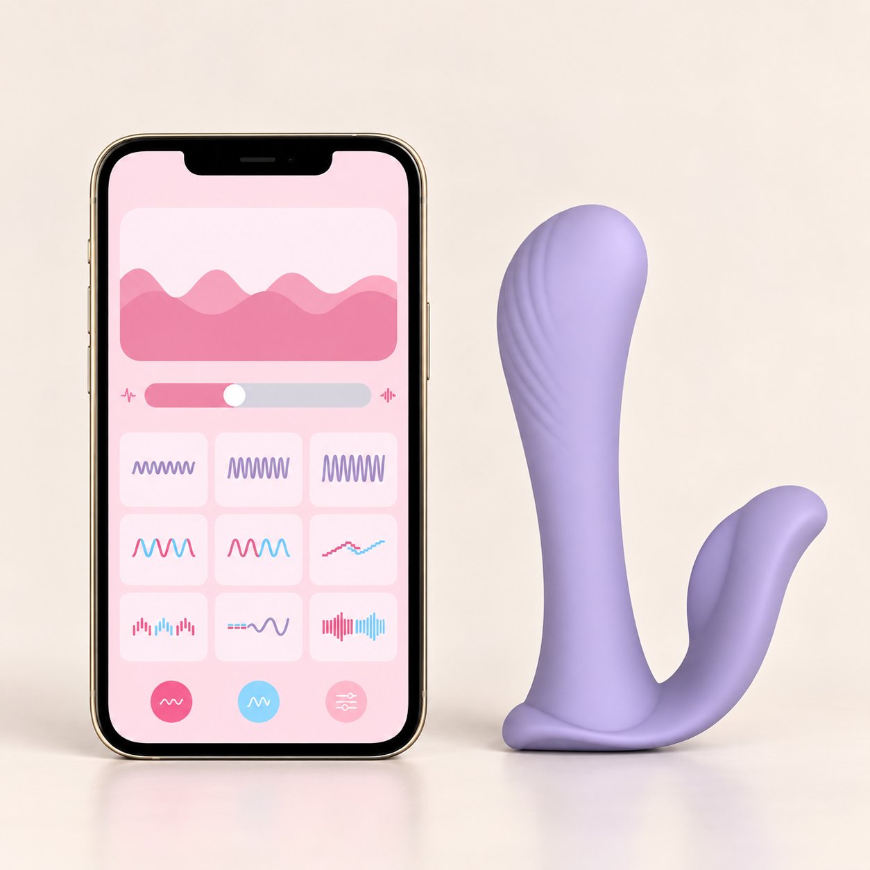 Doris alternate angle Purple Doris C-shape couple vibrator from another angle with phone running the WINYI app showing wireless signal pictogram