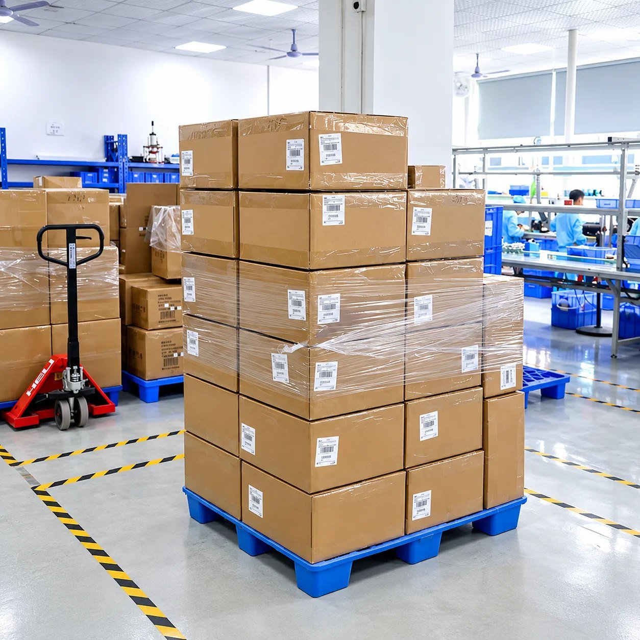 Stacked shipping cartons of adult toys on a pallet ready for dispatch