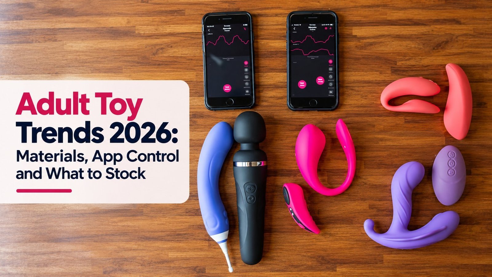 Adult toy trends 2026 range with app-controlled devices and silicone toys on a wooden table