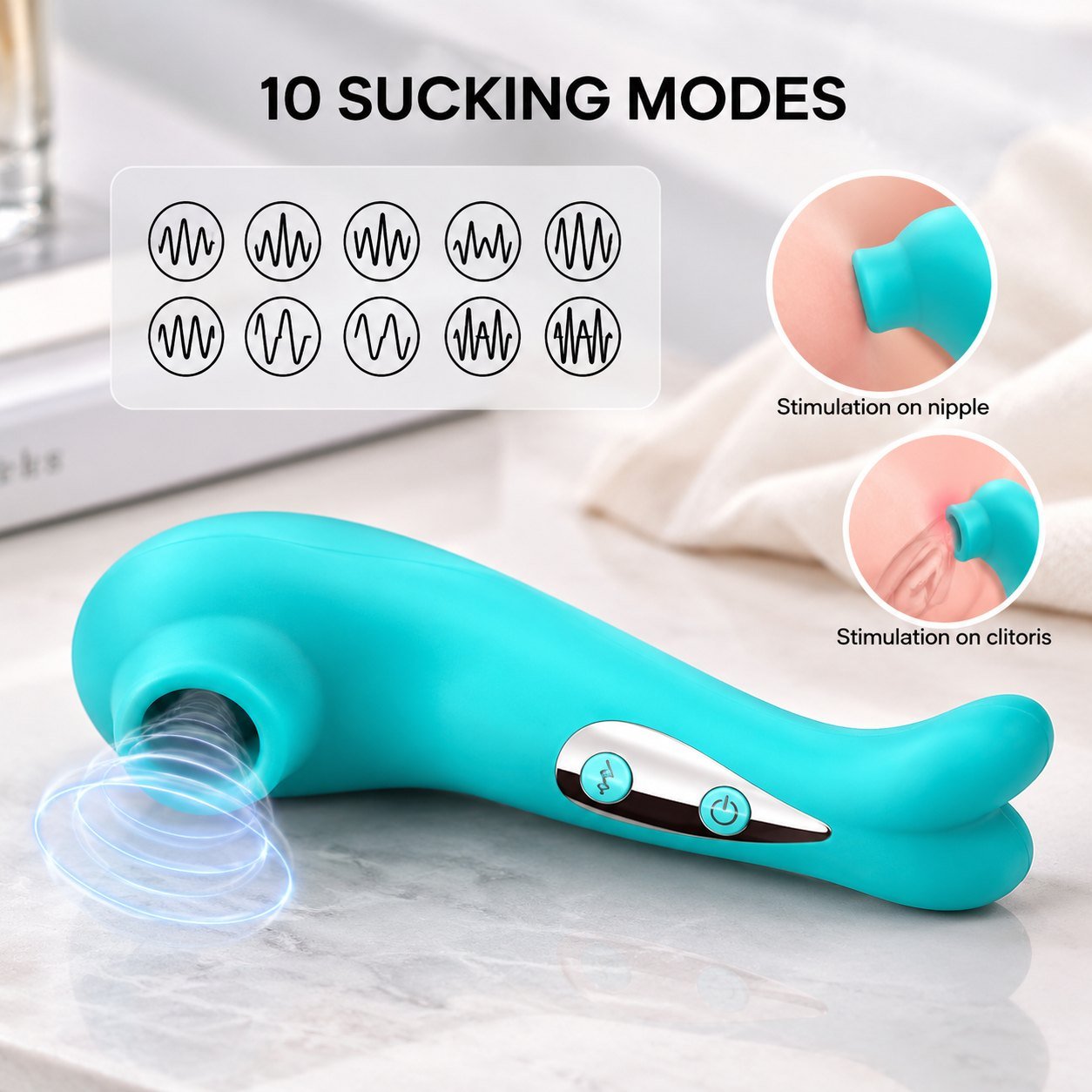 Teal air-pulse suction stimulator showing ten suction modes and the nozzle detail