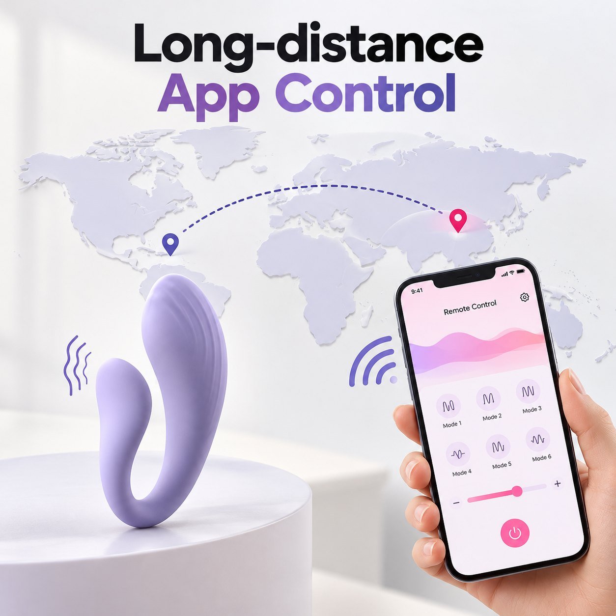 App-controlled adult toy paired with a phone showing long-distance control across a world map