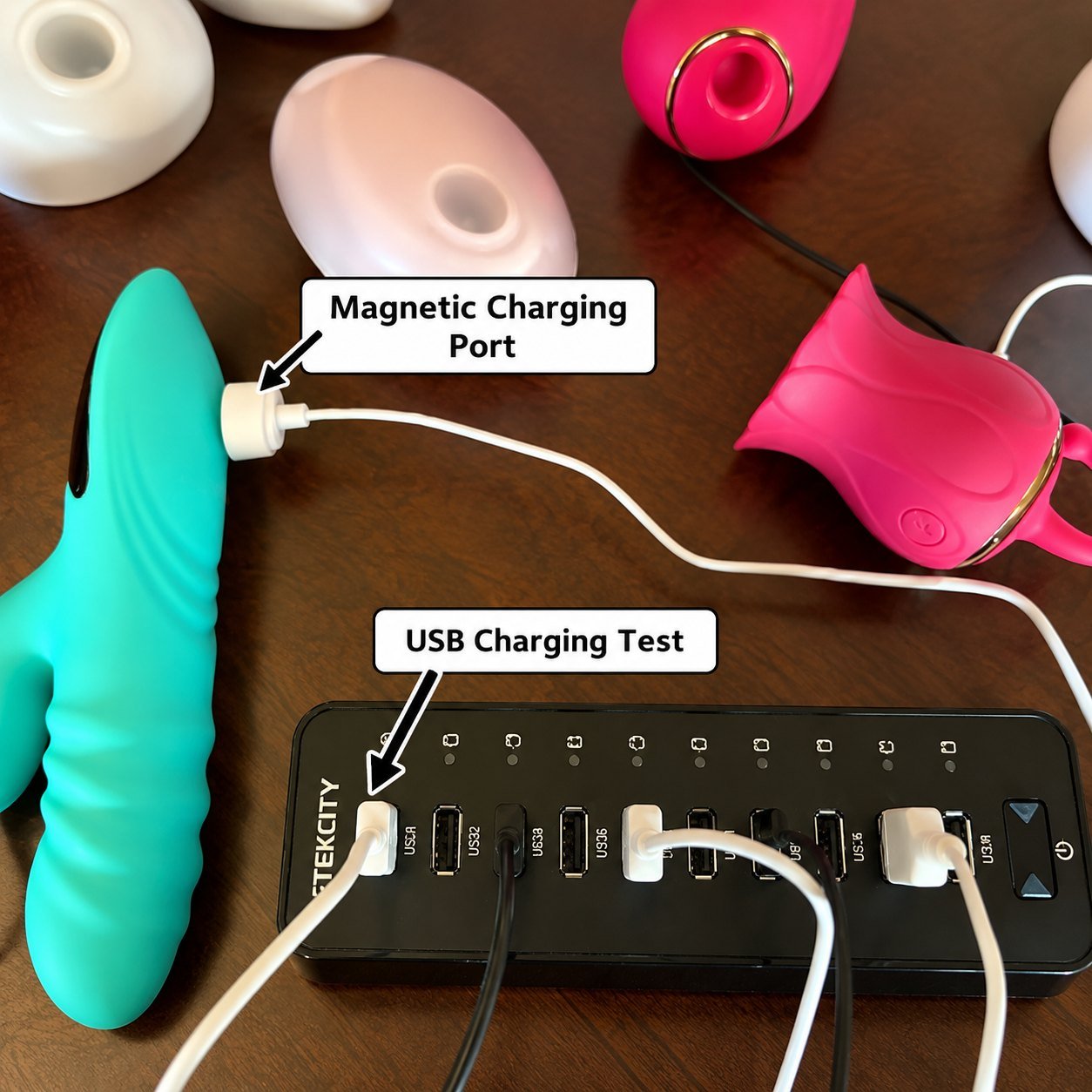 Silicone devices on a USB charging test bench