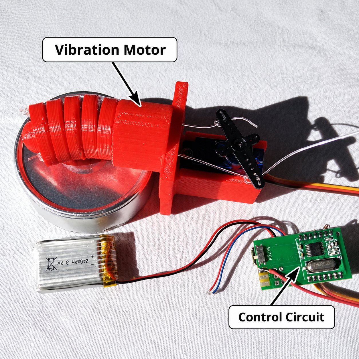 Annotated vibration motor and control assembly in an adult toy