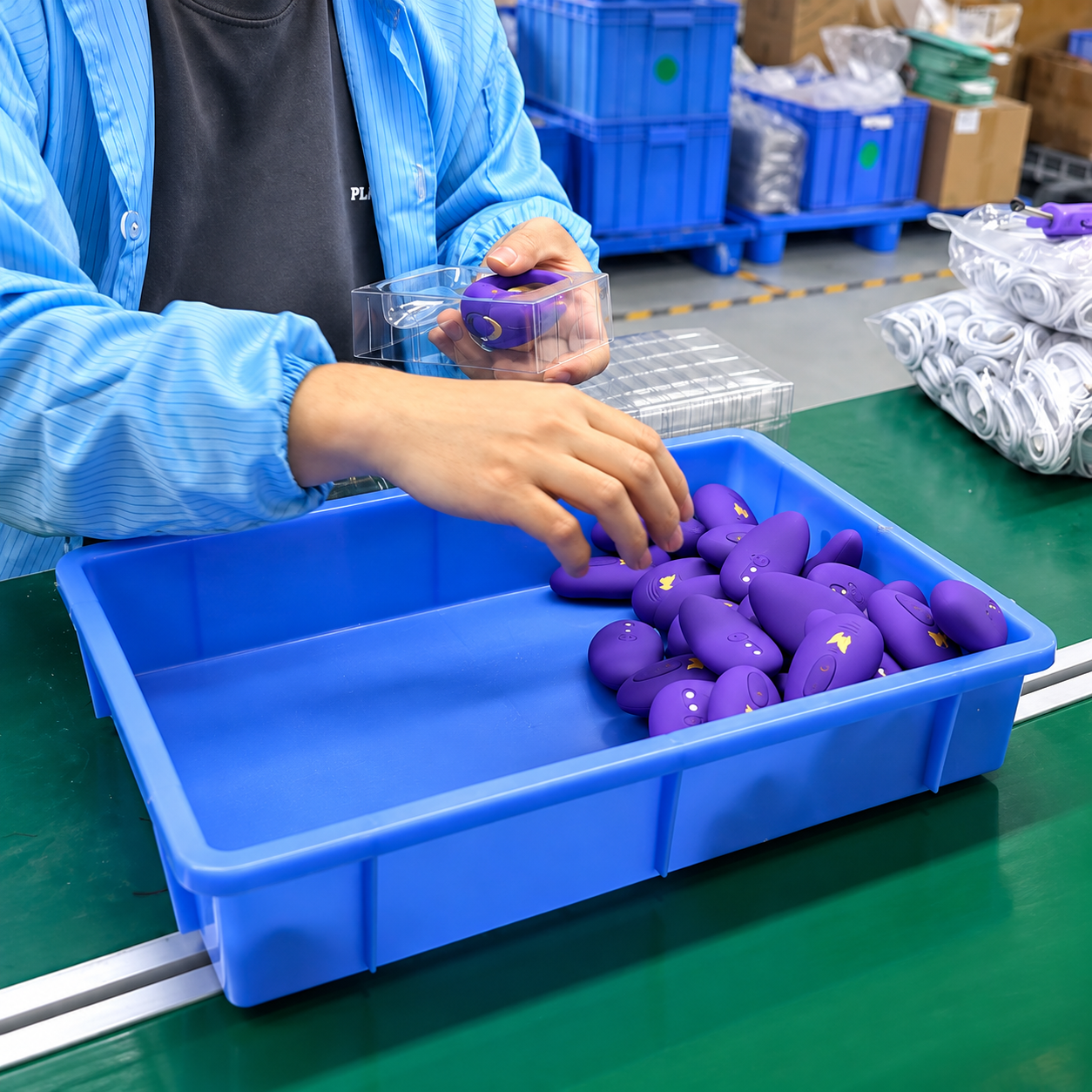 Plastic insert tray packaging holding a purple adult toy in place