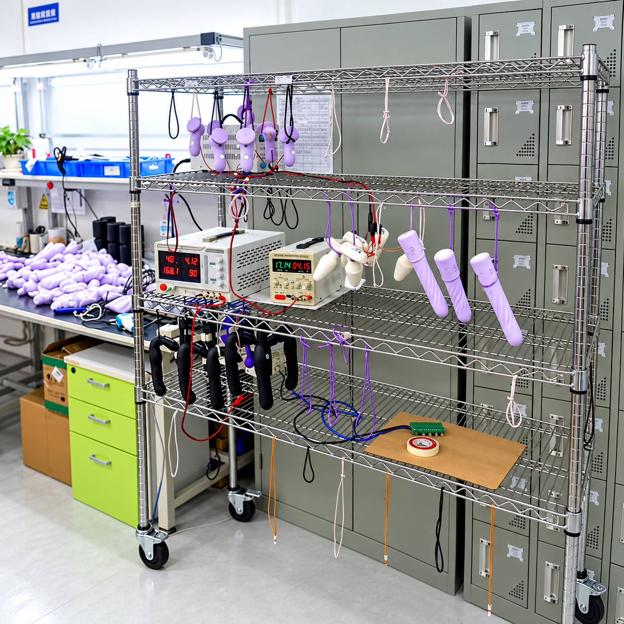 Sex toy electrical testing rack with powered units under test
