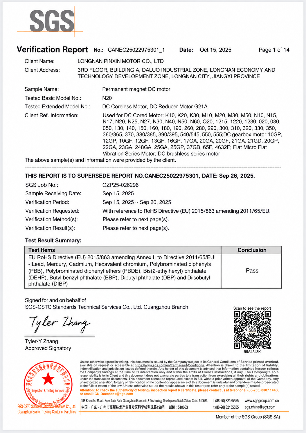 SGS verification report for motor RoHS testing