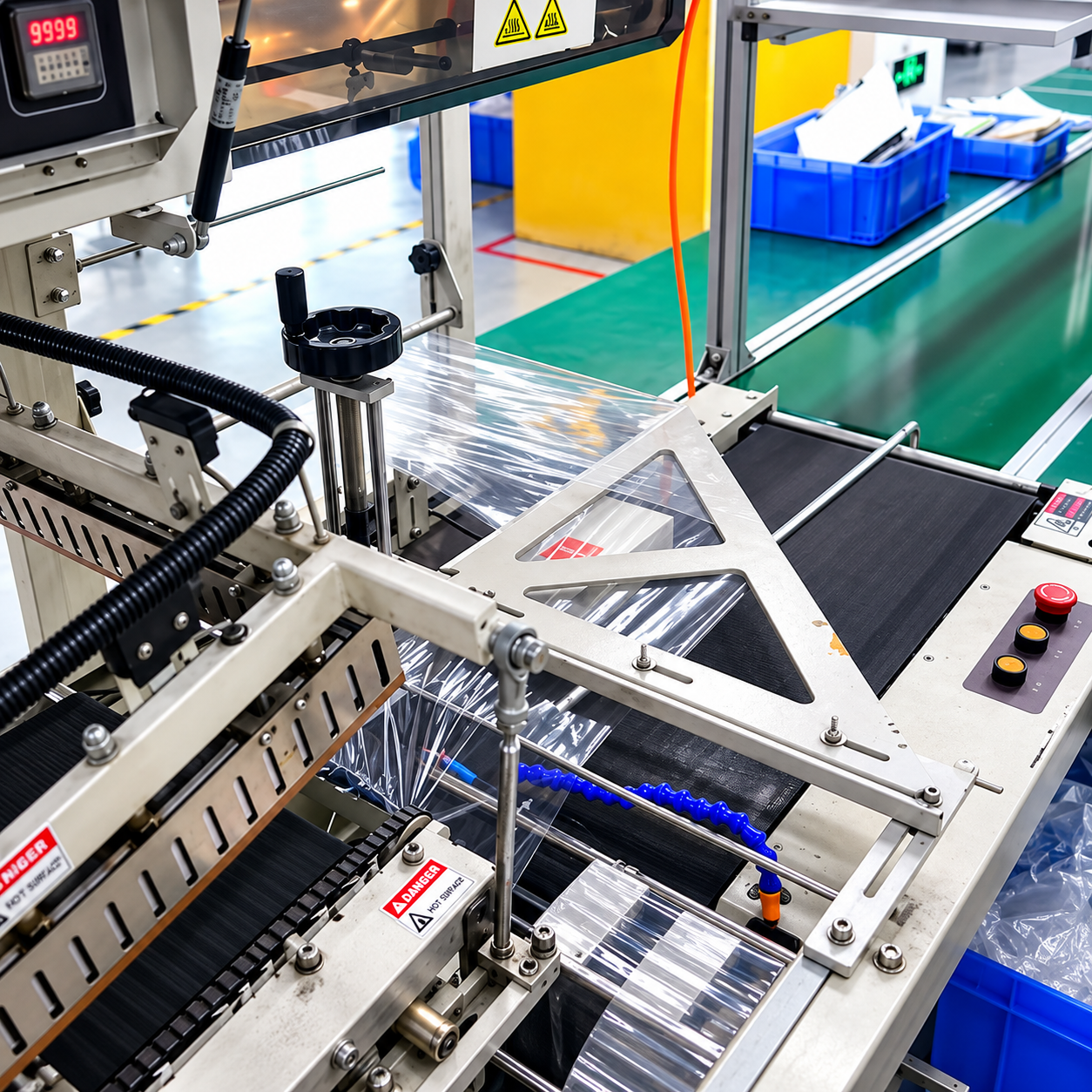 Shrink-wrap packaging machine sealing product boxes