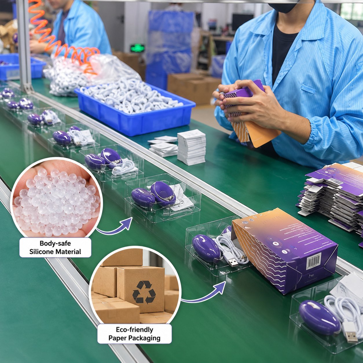 Adult toy assembly line showing body-safe silicone material and eco-friendly paper packaging