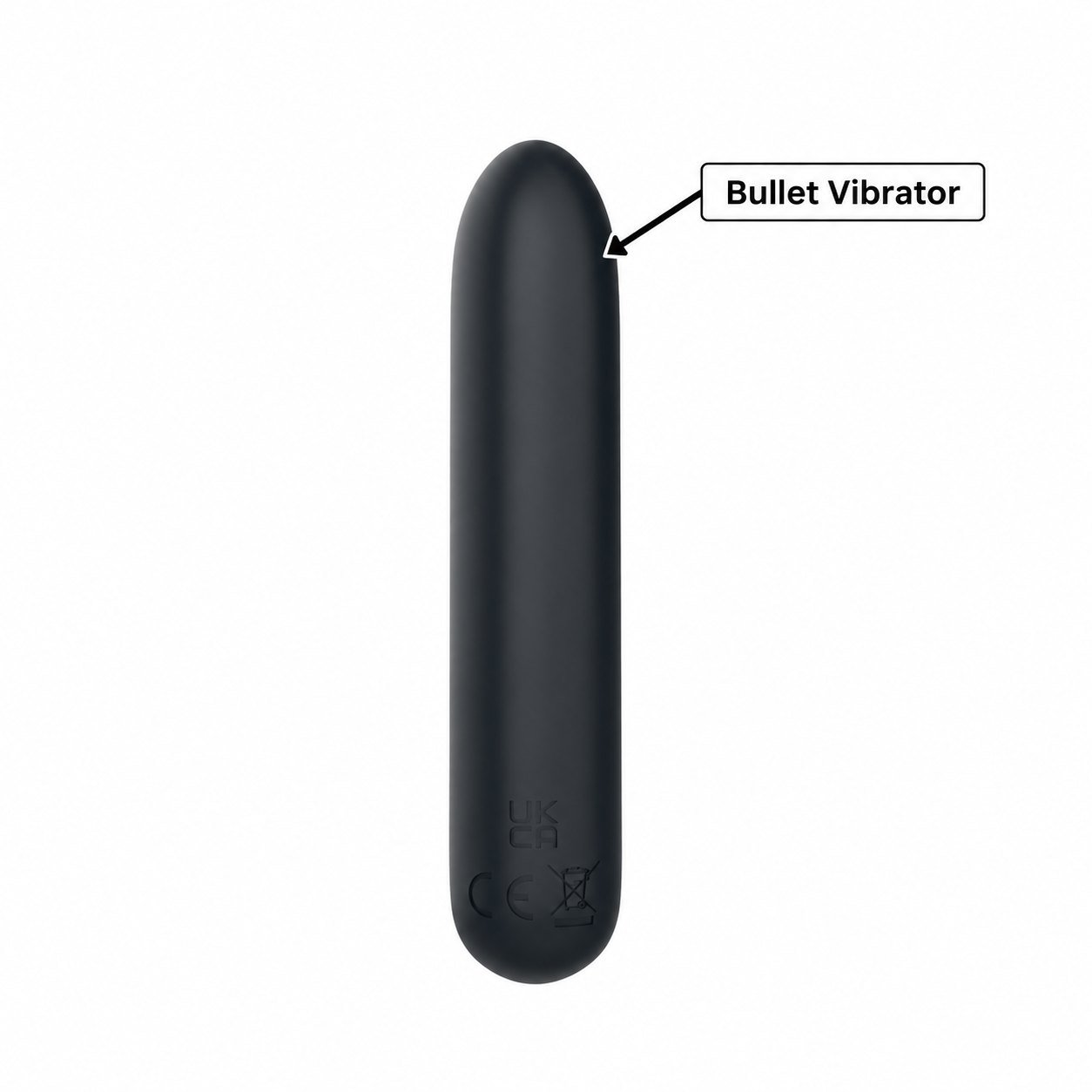 Annotated black bullet vibrator showing motor, body and button layout