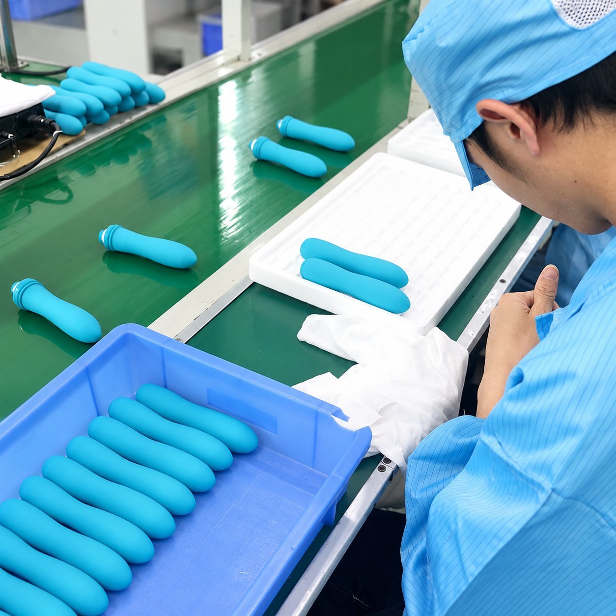 Cleanroom worker inspecting blue silicone products