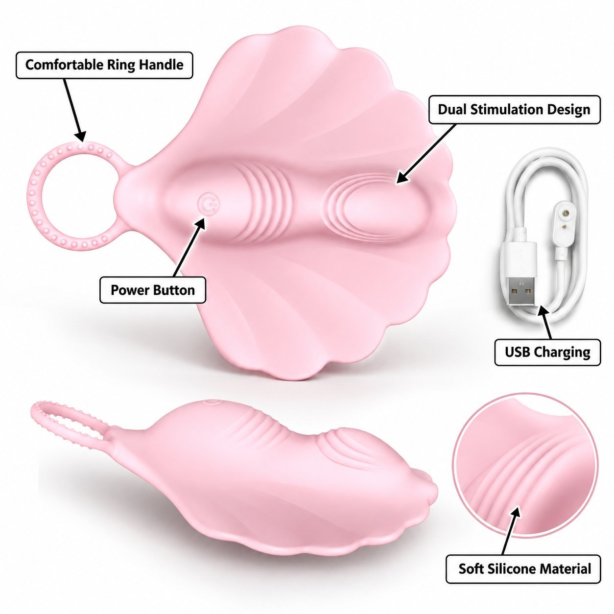 Pink silicone dual-stimulation device with charging cable
