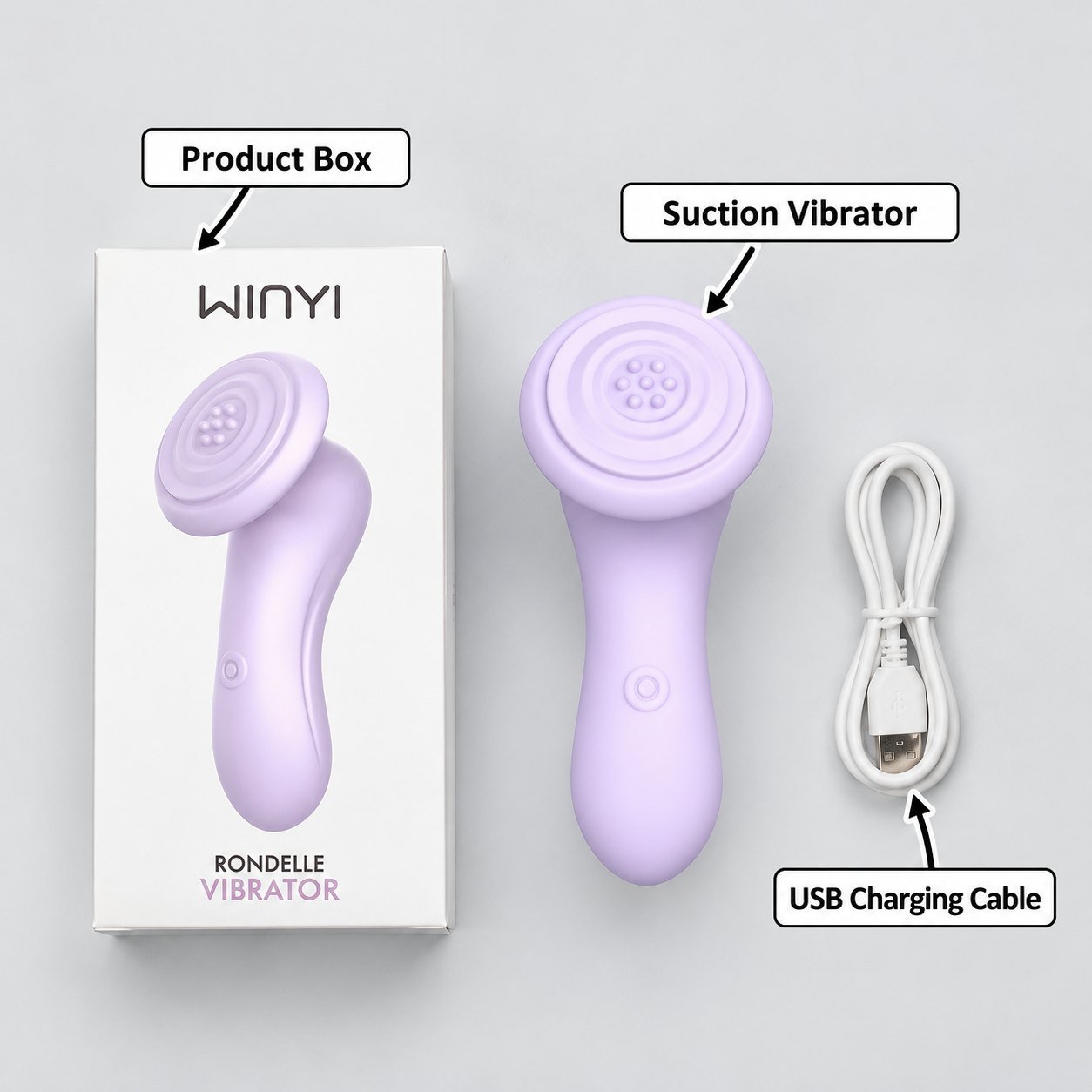 Lavender vibrator and retail packaging flat lay
