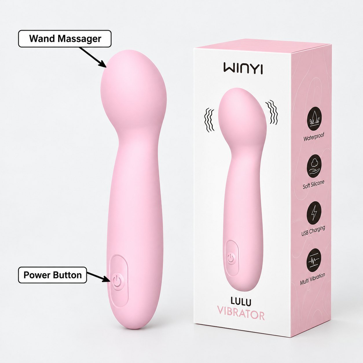 Pink wand massager with its retail packaging